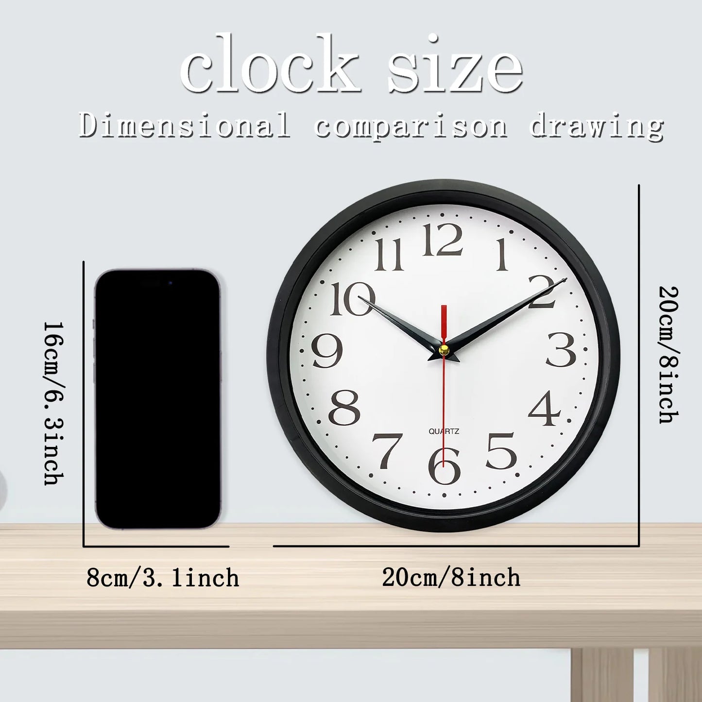 8inch Modern Simple Black Frame Pattern Plastic Glass Wall Clock Living Room Bedroom Kitchen Home Decoration Wall Clock Silent Quartz Clock Holiday Gift (No Battery)