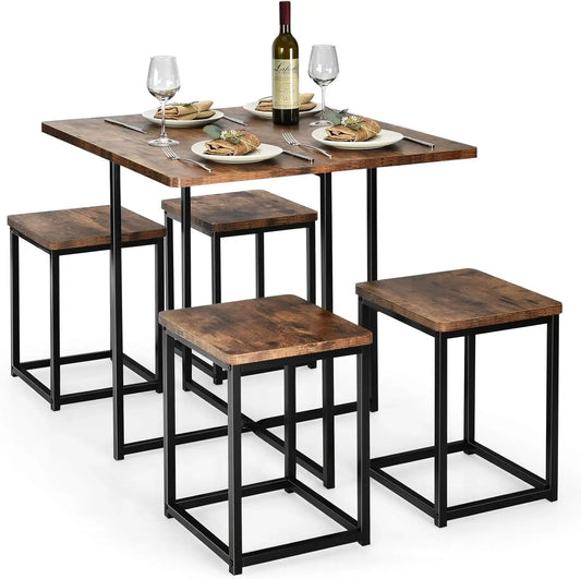 5-Piece Dining Table Set for Small Space, Kitchen Dinner Table with 4 Square Stools, Compact Home Dining Set for 4, Dini