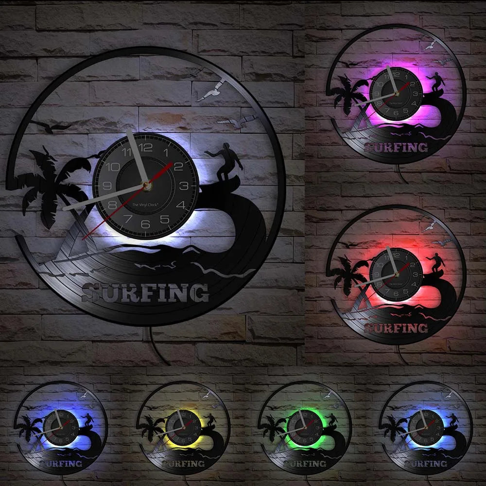 Windsurfing Surfer Clock LED Silhouette Wall Decor Vinyl Record Wall Clock Cool Living Room Interior Decor Home Decor