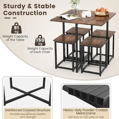 5-Piece Dining Table Set for Small Space, Kitchen Dinner Table with 4 Square Stools, Compact Home Dining Set for 4, Dini