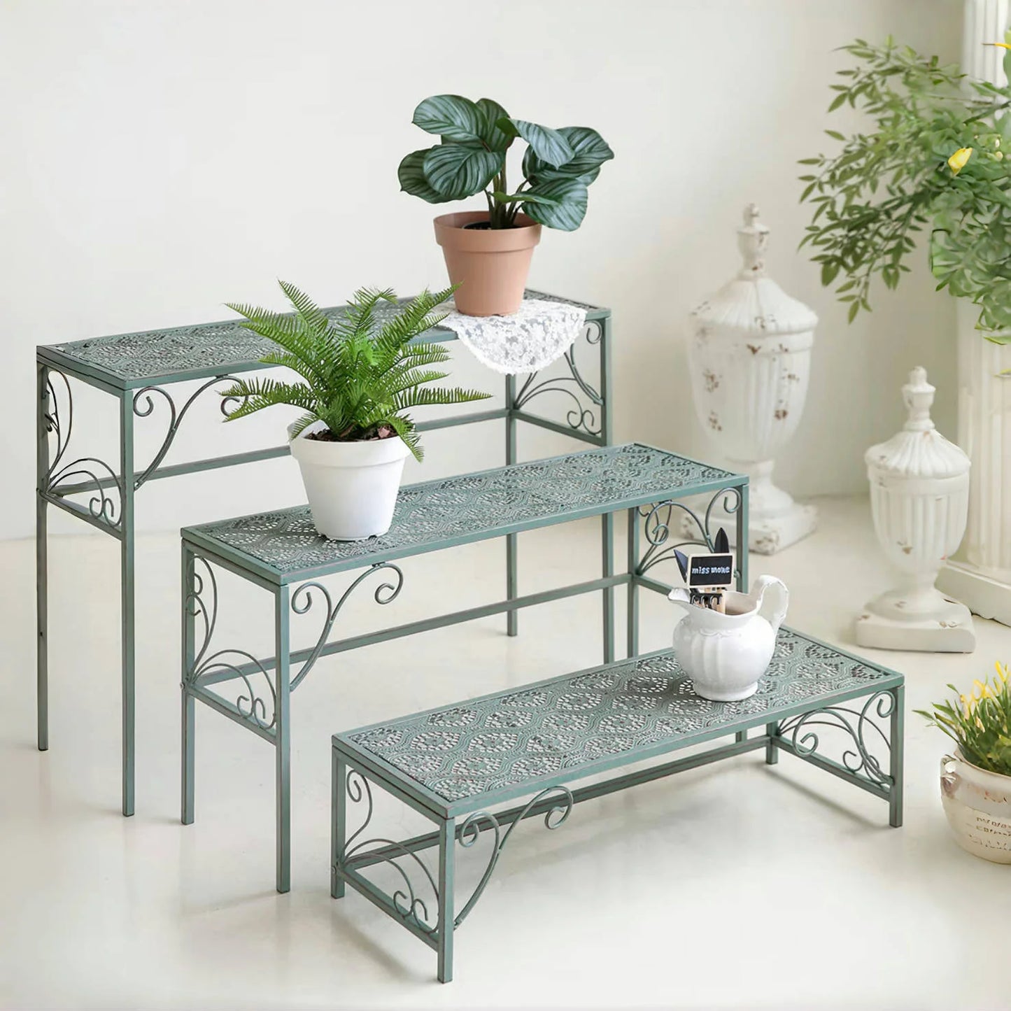 Metal ladder rack 3-piece set, outdoor flower pot display