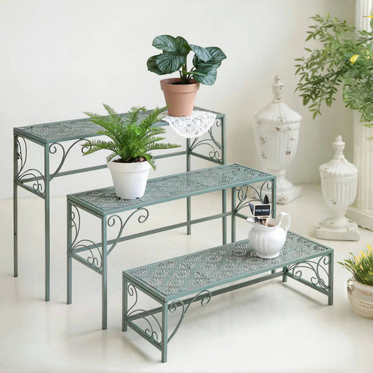 Metal ladder rack 3-piece set, adjustable indoor and outdoor flower pot display rack, suitable for terraces and balconies