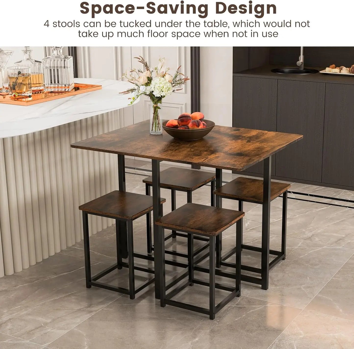 5-Piece Dining Table Set for Small Space, Kitchen Dinner Table with 4 Square Stools, Compact Home Dining Set for 4, Dini