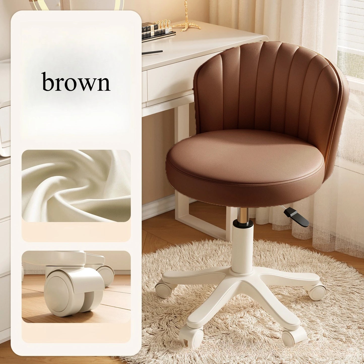 360° Rotating Chair Height- adjustable Makeup Stool Bedroom Dressing Table Chair with Wheels Backrest Chair Leather Vanity Chair
