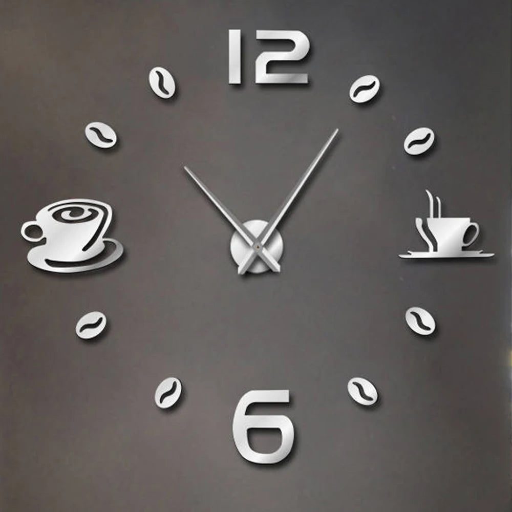 27/37/47inch Wall Clocks Coffee Cup Shape Frameless Wall Clock DIY  Quartz Needle Watch Acrylic Mirror Wall Stickers Home Decor