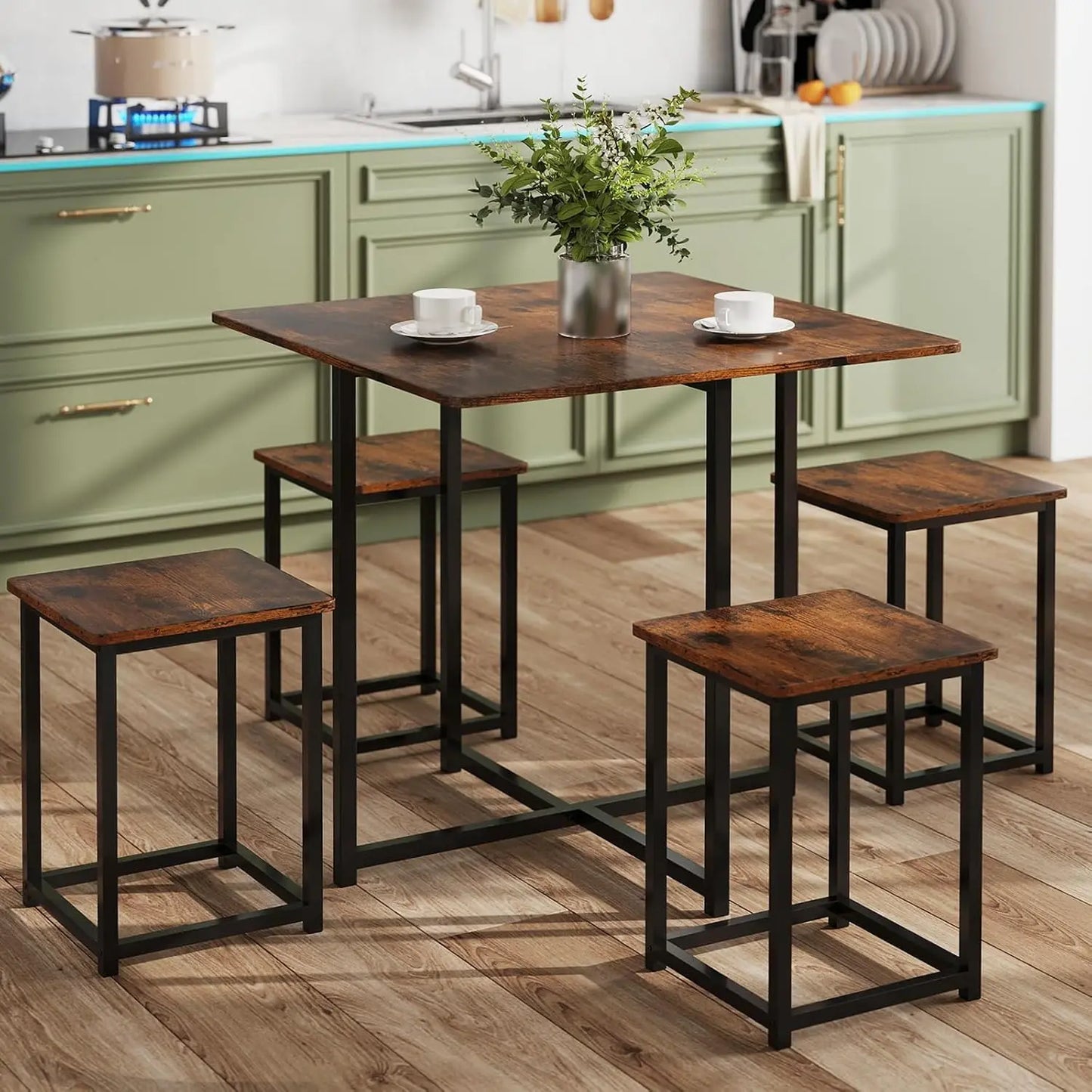 5-Piece Dining Table Set for Small Space, Kitchen Dinner Table with 4 Square Stools, Compact Home Dining Set for 4, Dini