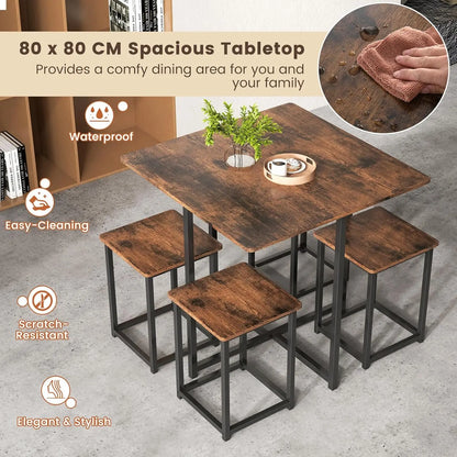 5-Piece Dining Table Set for Small Space, Kitchen Dinner Table with 4 Square Stools, Compact Home Dining Set for 4, Dini